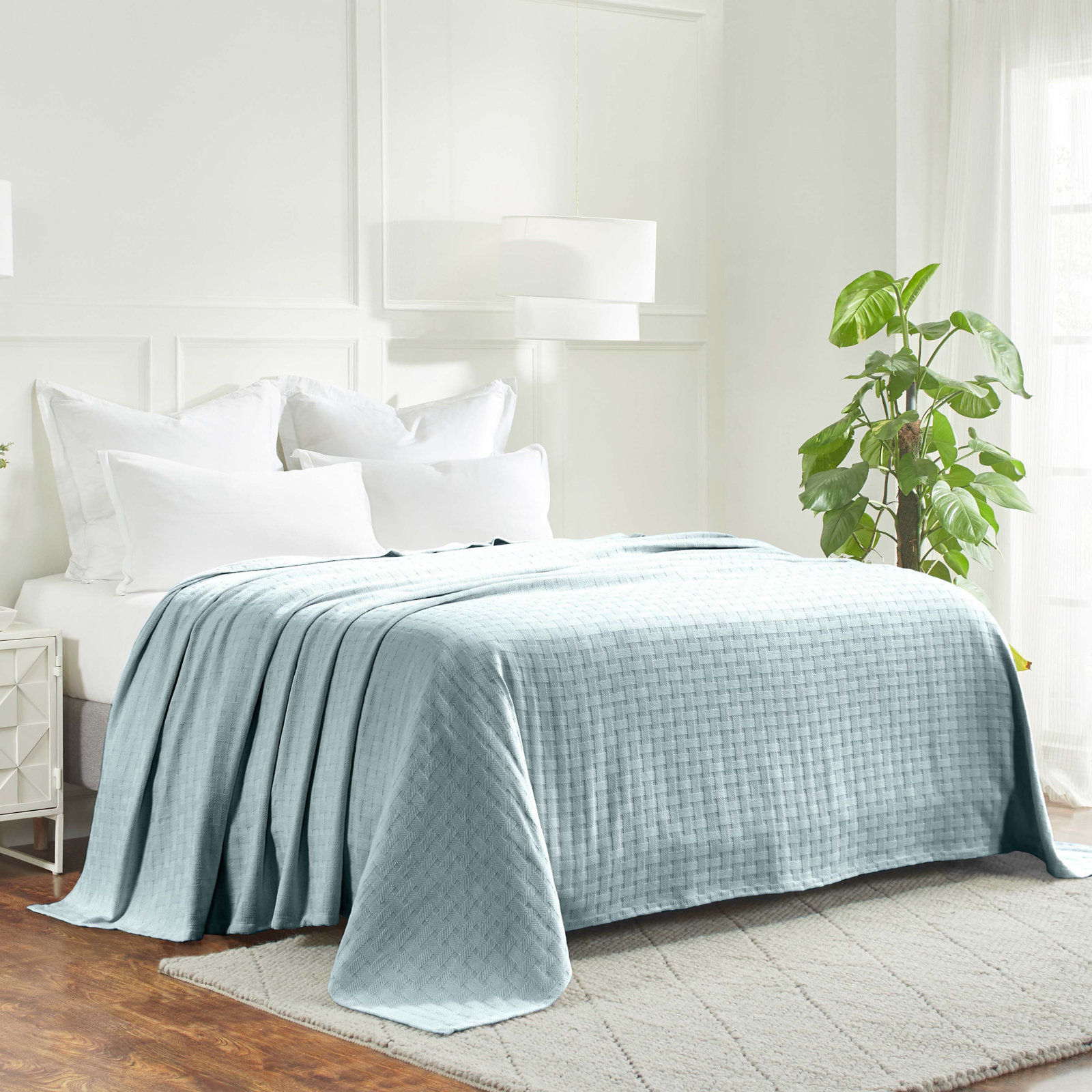 Bertie Cotton Throw Blanket, Full/Queen, Light Blue