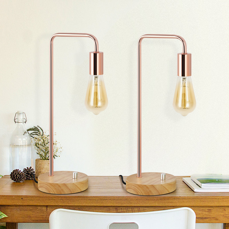 Ensemble de 2 lampes de table modernes avec base en bois pour chambre à coucher, salon, bureau, or rose