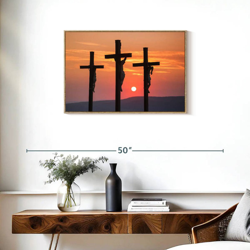 Christ crucifié, 31 po x 21 po, Cadre flottant en bois naturel