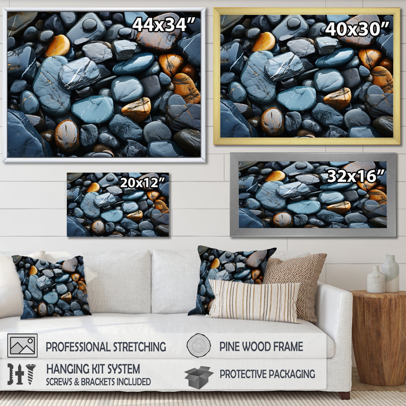 Motif de plage rocheuse II sur toile, H 16 po x l 32 po x P 1 po, Cadre simple noir