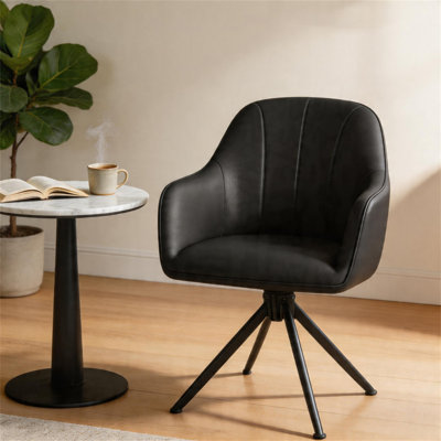 Modern Swivel Accent Chair with Arms, Upholstered Faux Leather Dining Chair with 360° Swivel & Sturdy Metal Legs, Ergonomic