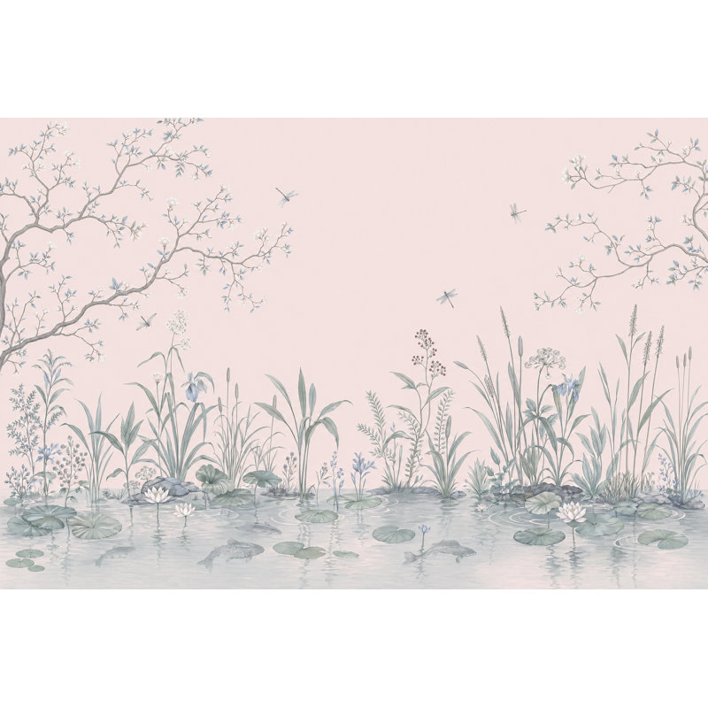 Pond Landscape Wallpaper Water Lilies Pastel Pink Background Wall Mural, 140"x108", Peel and Stick