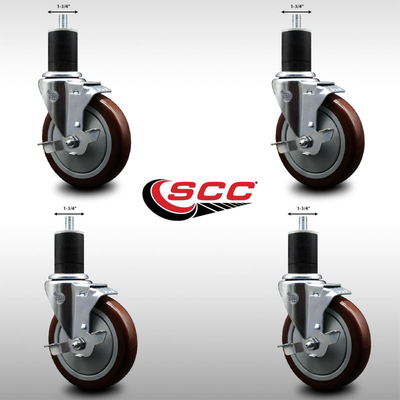 Ensemble de roulettes extensibles en polyuréthane pivotant en acier inoxydable de 5 pouces de 1 3/4 po avec frein SCC, Marron