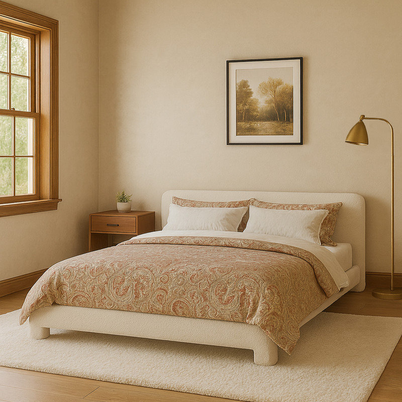 White Bouclé Upholstered Platform Bed, King