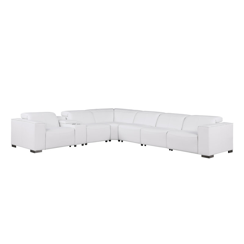 Canapé modulaire en cuir véritable 7 pièces avec 4 sièges inclinables électriques et appui-tête électrique Huntington, Blanc