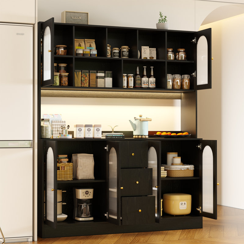 Garde-manger 71 po avec lumière DEL, porte arquée en verre cannelé et tablette à micro-ondes, buffet à 3 tiroirs Farmhouse