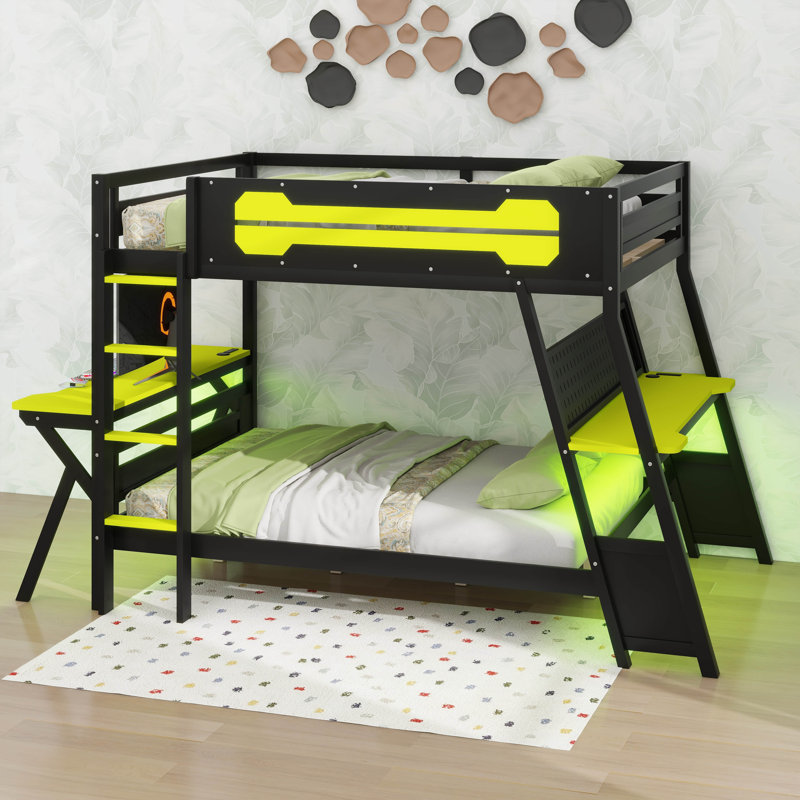 Lit superposé avec 2 bureaux de jeu intégrés, avec ports USB, panneaux perforés et tablettes, Double, Vert