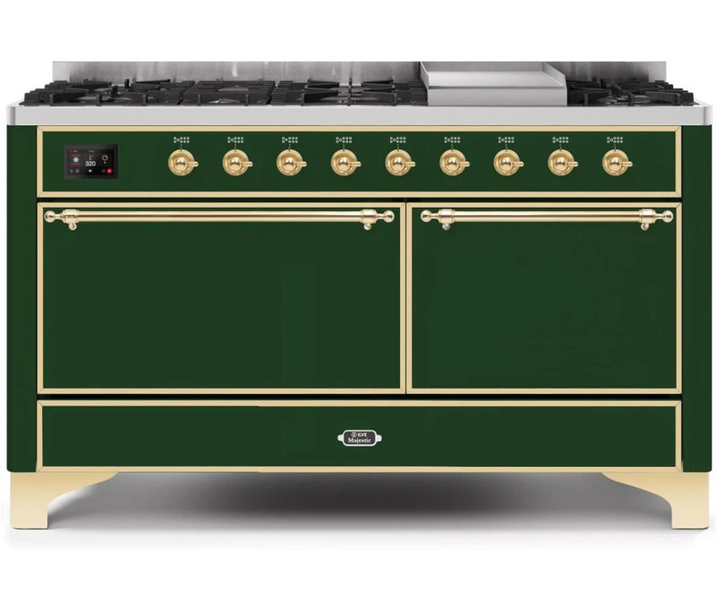 ILVE UM15FDQNS3BKCLP Majestic II 60 inch Dual Fuel Range with 9 Burners, Griddle (Liquid Propane, Solid Door, Glossy Black, Chrome)