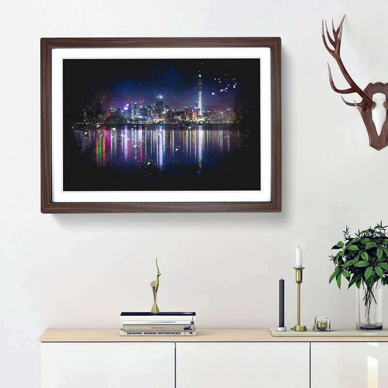 Reflections Of The Auckland Skyline - Picture Frame Graphic Art, Walnut Framed, 33cm H x 45cm W x 2cm D