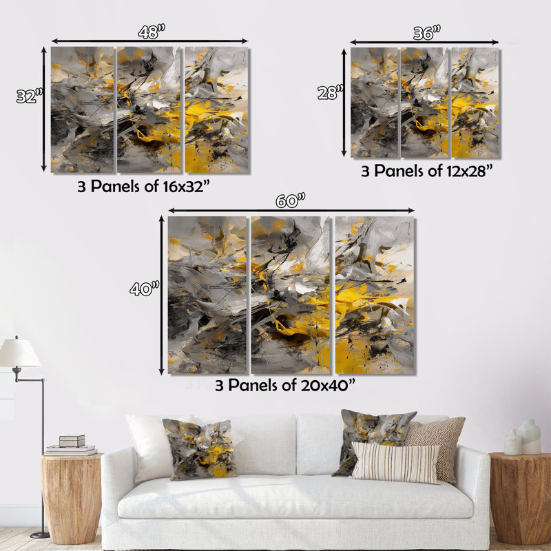 Bliss Of Happiness en gris et jaune I 3 pièces, H 28 po x l 36 po x P 1 po