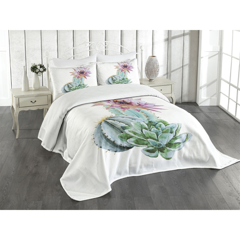 White Quilted Queen Bedspread Set with Cactus Design