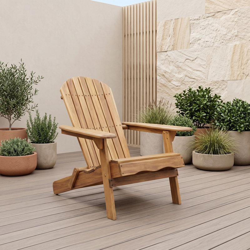Chaise de patio pliante en bois d'acacia avec dossier à lattes, accoudoirs larges, structure en bois franc résistant à l'eau