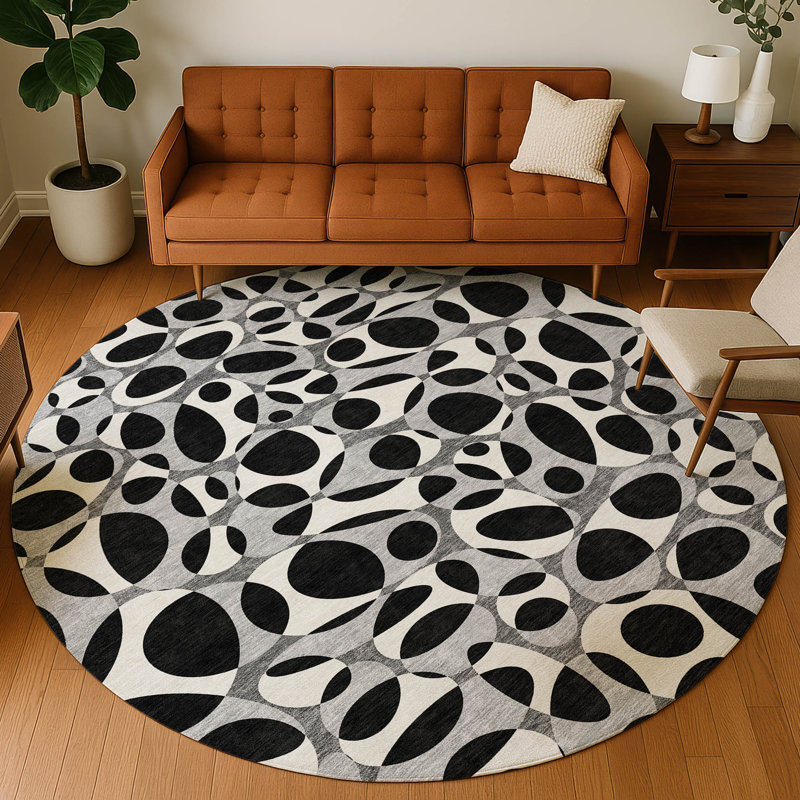 Tapis abstrait lavable à la machine intérieur / extérieur ACN2536, Noir, Rond 8 pi