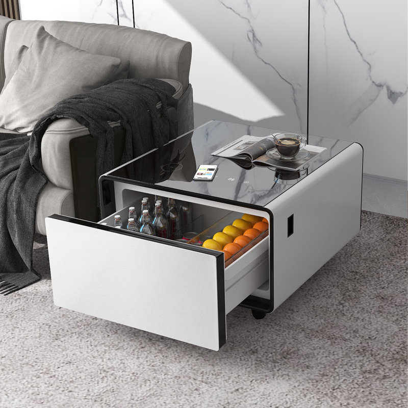 Smart End Table with Fridge and Built-In Outlets, White/Black