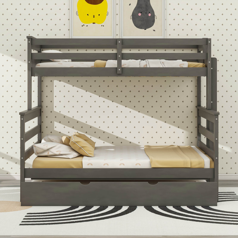Twin XL Over Queen Bunk Bed With Trundle,  Solid Wood Bunk Bed With Ladder, Gray