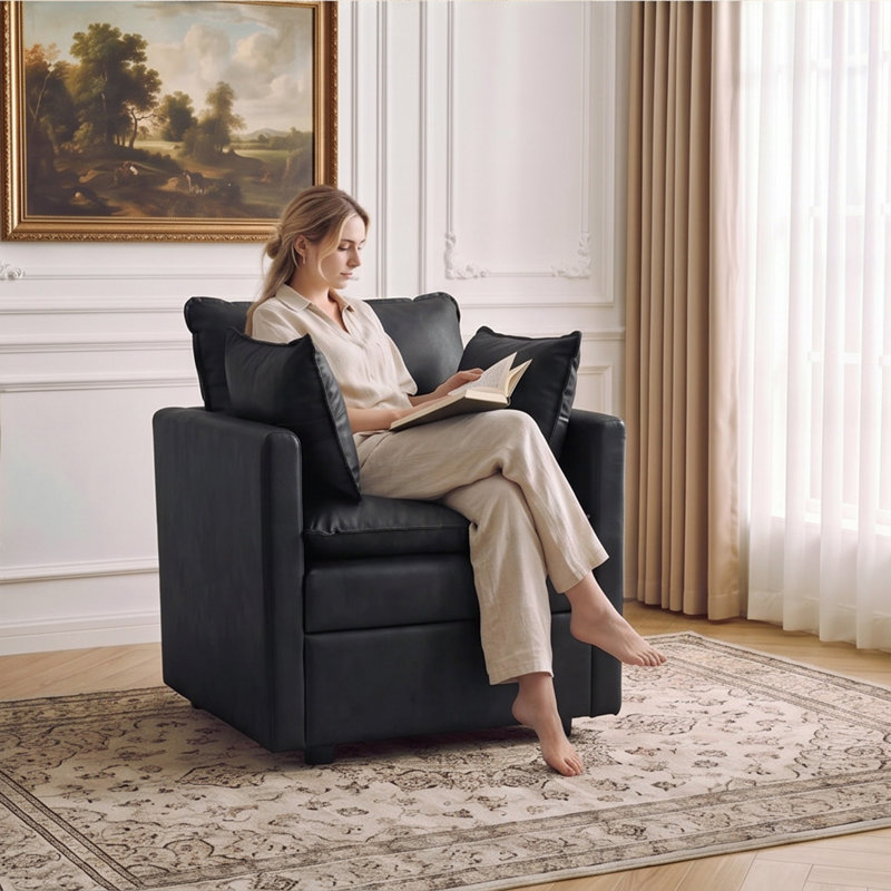 Chaise d'appoint avec rangement, fauteuil rembourré en similicuir avec coussins, Pu-black
