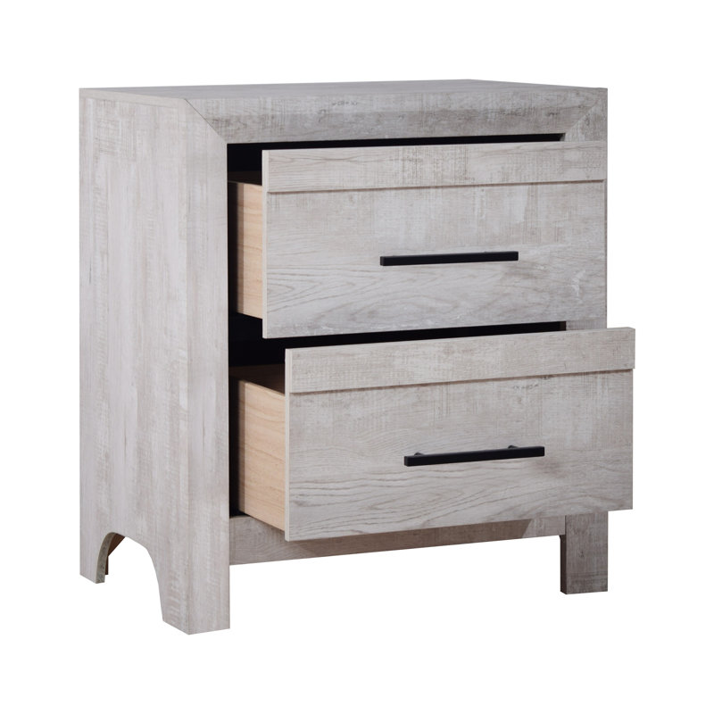 Bisca Nightstand, 2 Drawers, Black Handles, Light Gray Wood, 27 Inch