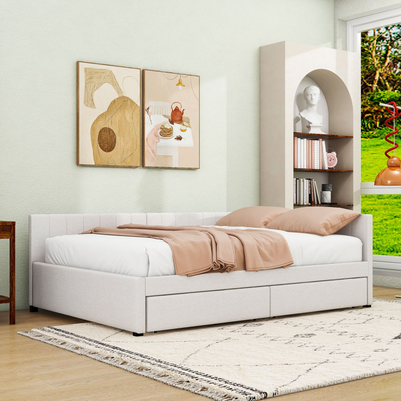 Modern Full Size Upholstered Daybed with Storage Drawers, Beige