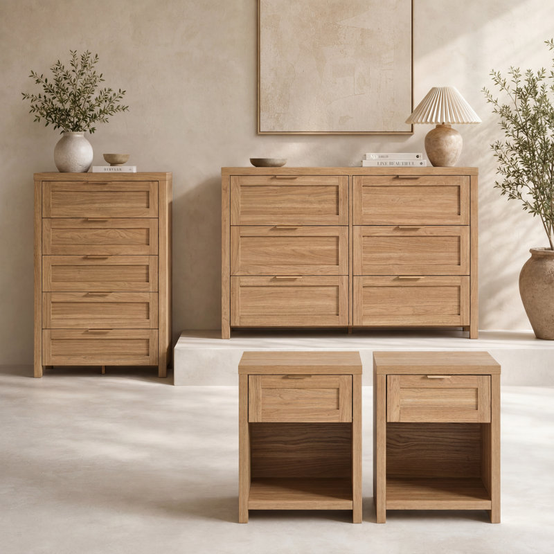4 Piece Bedroom Set with Dresser & Nightstand, Natural Oak