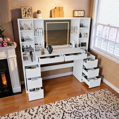 59" Makeup Vanity Desk With Adjustable Led Lights Mirror, 8 Drawers & Shelves
