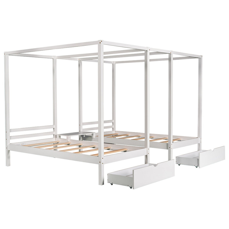 Lit double à baldaquin double avec deux tiroirs et bureau intégré, Blanc