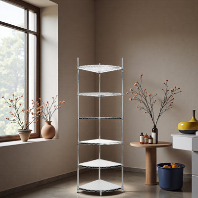 6 Tier Shelf Corner Wire Shelf Rack Adjustable Metal Heavy Duty Free Standing Corner Storage Display Chrome Rack for Bathroom