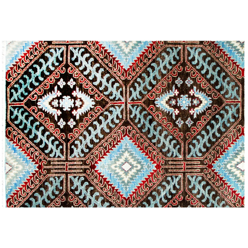 Hand-Knotted Midnight Blue & Brown Wool Area Rug 6' x 9' ft– Bold Southwestern Diamond Geometric Design
