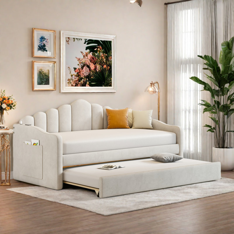 Lit de jour simple tapissier avec couchette, poches et ports USB, Beige