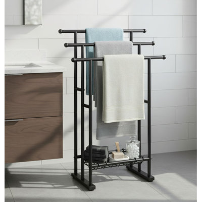 Tall, Freestanding Three-Layer Alloy Steel Towel Rack With Storage Basket; Suitable For Drying And Displaying Extra-Large Bath Towels; Bathroom Accessory; Compatible With Bathtubs/Shower Rooms.