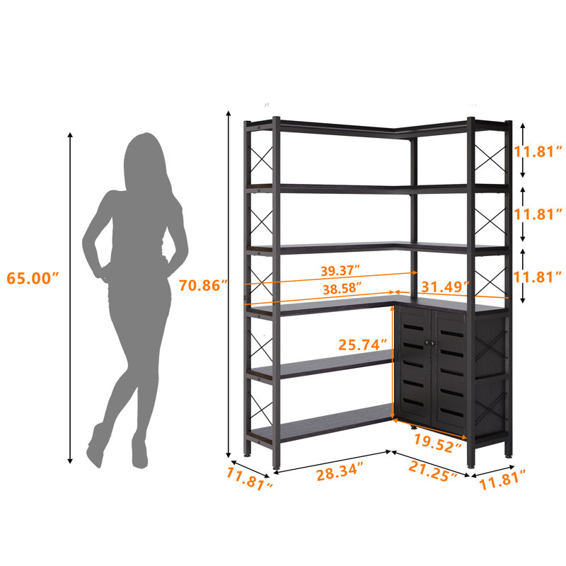 Black Wood Industrial Corner Bookshelf with Storage Cabinet