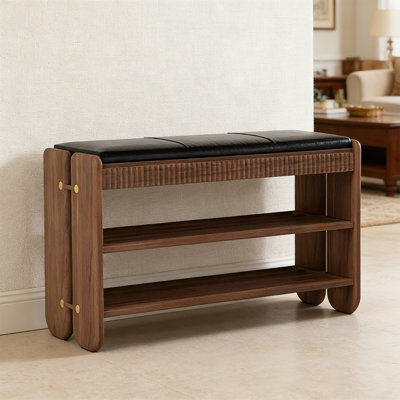 Retro-Style Black Walnut Two-Layer Shoe Rack For Storage And Shoe Changing Bench