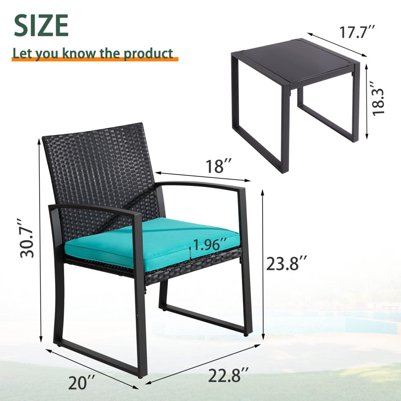 3 Piece Modern Wicker Bistro Set, Blue