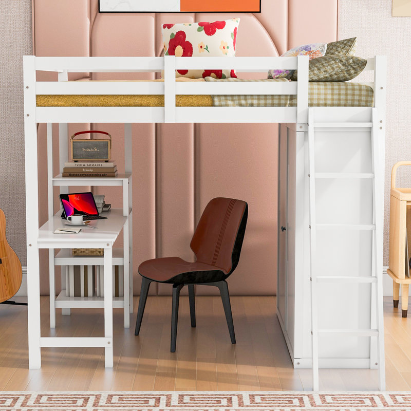 Lit mezzanine double avec garde-robe, bureau et tablettes, blanc, Blanc