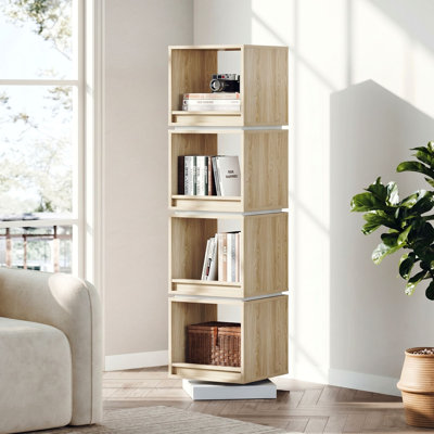 Adonia 360° Rotating Bookshelf Tower, 4Tier Walnut Corner Bookshelf , Narrow Space-Saving Design For Bedroom, Living Room, Home, Office