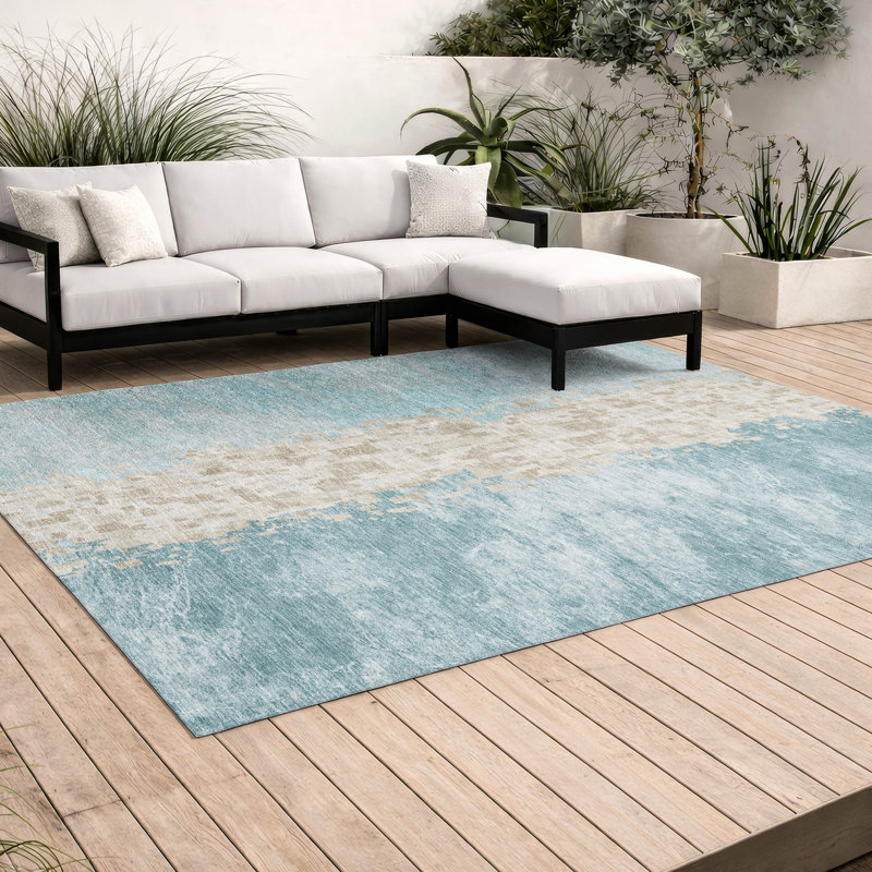 Tapis moderne Ceajay ACN3112 lavable à la machine pour intérieur et extérieur, Sarcelle, 9 pi x 12 pi