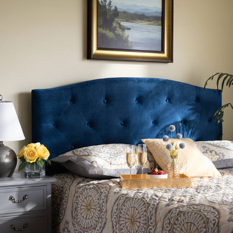 Xylo Upholstered King Size Headboard in Navy Blue Velvet Fabric, 47.64'' H X 79.59'' W X 2.26'' D, King