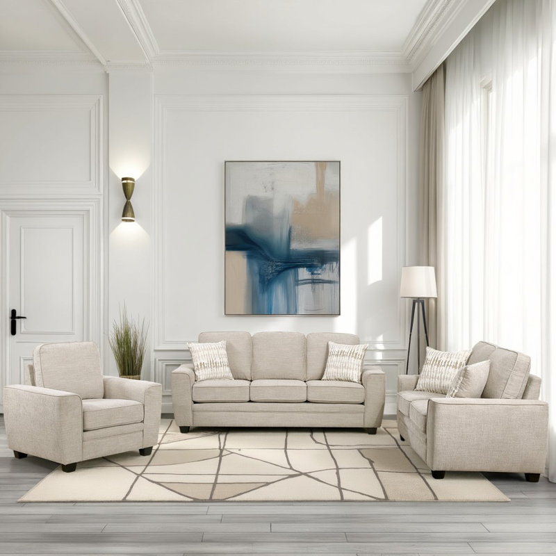 Ensemble de salon en chenille moderne et contemporain 3 pièces avec accoudoirs carrés modernes et coussins réversibles Huth