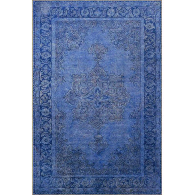 Washable Traditional Patterned Dark Blue Colored Decorative Woven Area Rug