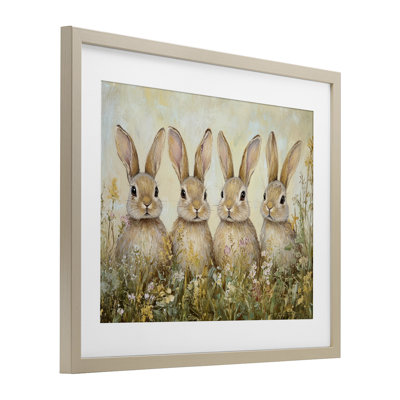 «Four Bunnies in Flowers», reproduction encadrée sous verre, design par Petal Prints Design