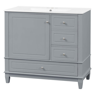 Meuble-lavabo 36 po avec lavabo en céramique, panneau de fibres à densité moyenne et base en bois massif, 3 tiroirs et armoire avec tablettes, meuble-lavabo autoportant avec trous de robinet de 4 po