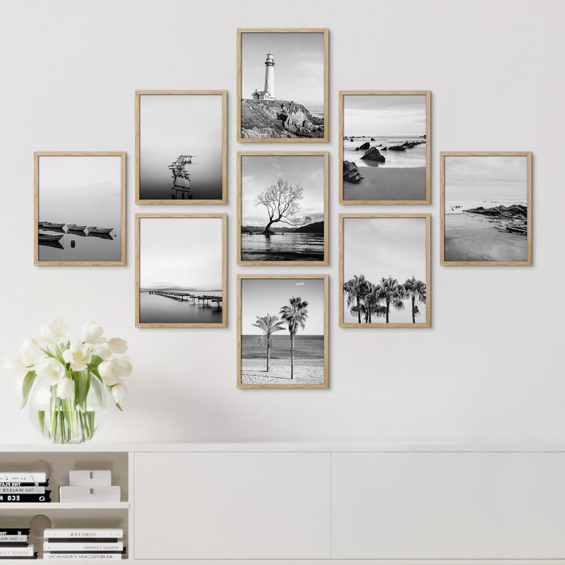 Noir, blanc, plage, océan, mer, paysages, nature, désert, palmiers tropicaux, L 11 po x H 14 po, Encadré naturel