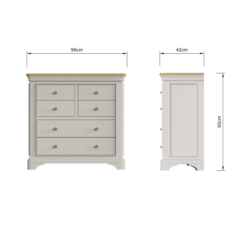 Joulon 6 Drawer Chest of Drawers. 4 + 2 Configuration. Solid Wood. Oak Top. Fully Assembled., Dove Grey