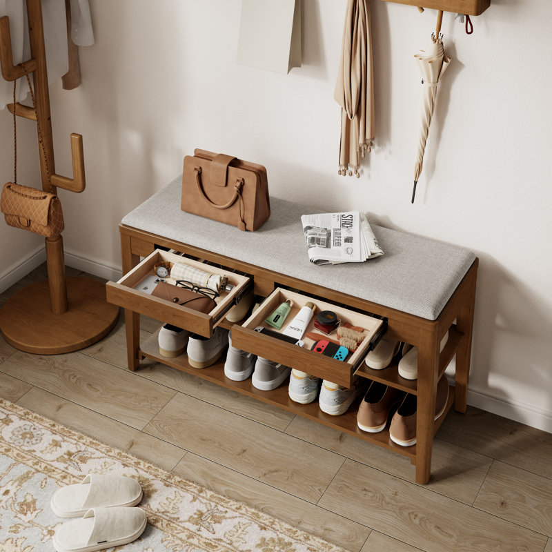 Bancs d'entrée en bois massif à 2 niveaux avec tiroirs et coussins rembourrés Addisin Adryell - Rangement pour chaussures confortables