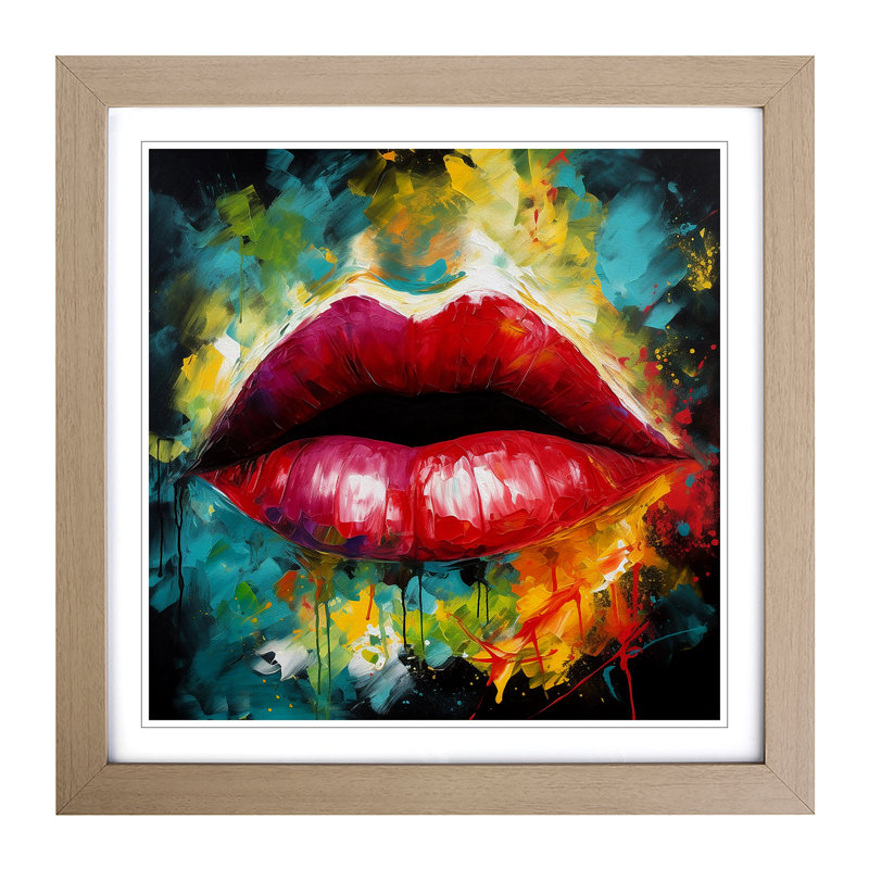Lips Abstract Expressionism No.1 - Single Picture Frame Print on Wood, Oak