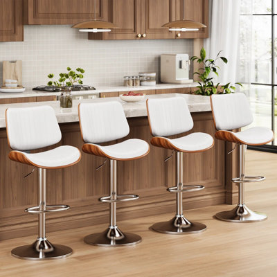Set Of 4 Swivel Bar Stools With Adjustable Height, Bentwood Back, PU Leather Seat, And Footrest – Modern Counter Height Chairs For Kitchen Island, Dining Room, Or Home Bar, Comfortable & Easy To Clean