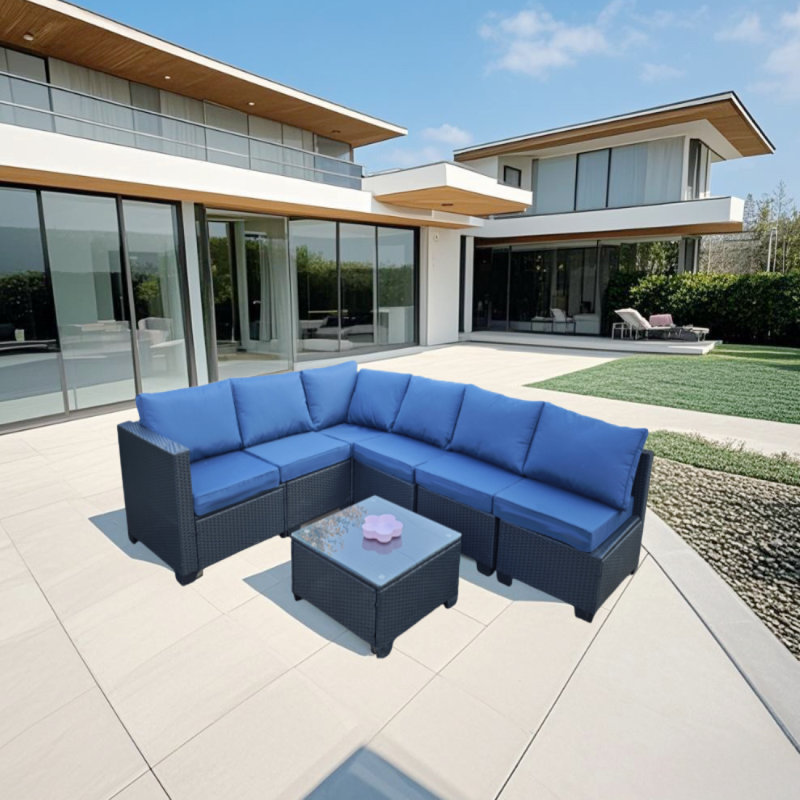 Ensemble de canapé sept pièces avec fauteuil et chaise d'extérieur en rotin noir 7-Jh001 Box 3-1-2-3, Bleu