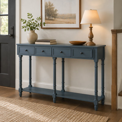 Console Console avec deux tiroirs de rangement et une tablette inférieure pour le salon et l'entrée (bleu marine antique)
