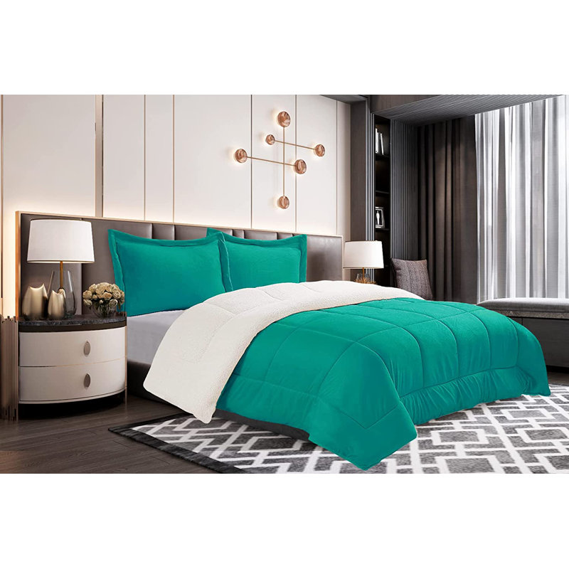 Mocassi Solid Sherpa Geometric Shapes Comforter, Turquoise, King Comforter + 2 King Shams