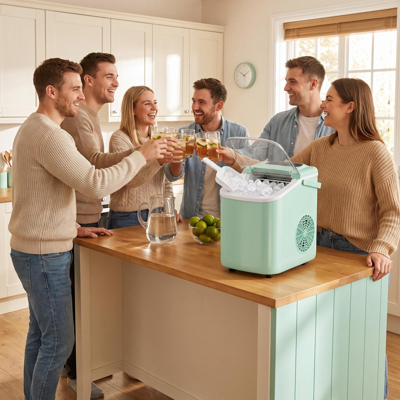 Machine à glaçons de comptoir portable vert menthe, débit de glace rapide de 6 minutes, autonettoyant intégré, fonctionnement silencieux de 40 dB avec couvercle transparent et poignée de transport pour la maison, le camping et le bar