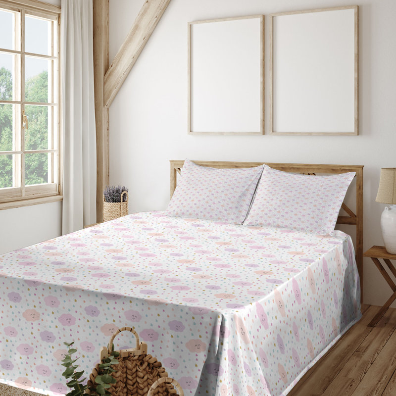 Ambesonne Sky Sheet Set Cloud Characters Raindrops Art White and Multicolor, Full Sheet Set with 2 Pillowcases